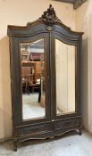 A French Armoire wardrobe painted in grey with gold details. Height 257 depth 59 width 138
