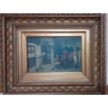 A print depicting fox hunters and a musician, framed and glazed, (14x22 cm).