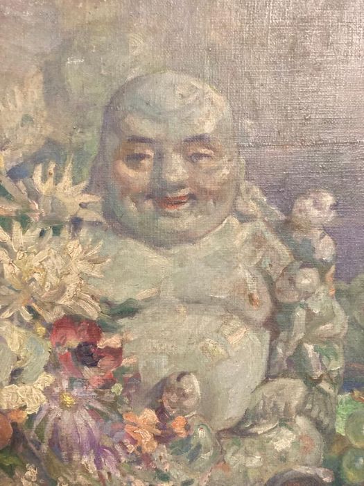 An oil on canvas still life of flowers, grapes and a laughing Buddha 51cm x 51cm - Image 2 of 4