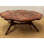 A serpentine shaped inlaid low coffee table with twin pedestal (H51cm W136cm D75cm)