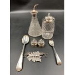 A selection of silver items to include, spoon, glass and silver jam pot, Sherry decanter label etc.