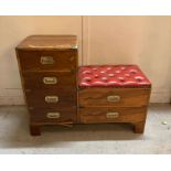 A military campaign style telephone bench with red leather buttoned seat AF (H72cm W90cm D37cm)