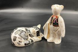 Two boxed Royal Crown Derby paperweights, Misty the Cat and a Traveling Teddy Bear, one gold stopper