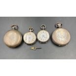 A selection of four various silver pocket watches to include half hunter, hunter and ladies.