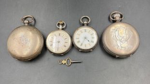 A selection of four various silver pocket watches to include half hunter, hunter and ladies.