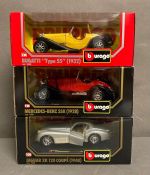 Three Burago diecast vehicles Jaguar XK 120 coupe, Mercedes-Benz SSK and a Bugatti Type 55