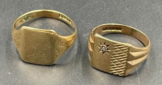 Two Gents signet rings, both hallmarked for 9ct gold, one with a small diamond. 6.2g Size T and L