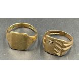 Two Gents signet rings, both hallmarked for 9ct gold, one with a small diamond. 6.2g Size T and L