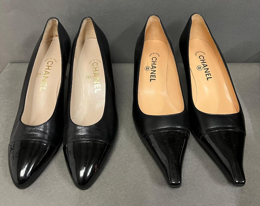 Two pair of Chanel black high heels, size 40 1/2 and 41