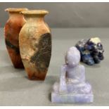 A collection of alabaster stone vases, Chinese immortal on a elephant (H10cm)