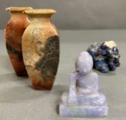 A collection of alabaster stone vases, Chinese immortal on a elephant (H10cm)