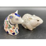 Two boxed Royal Crown Derby paperweights a mole and a pig, gold stoppers