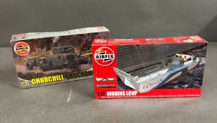 Two Airfix models, Churchill Crocodile and Tank and Higgins LCVP