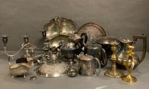 A quantity of silver plate, white metal and brass items to include candles sticks, coffee pots etc