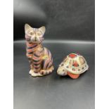 Two boxed Royal Crown Derby paperweights, Tortoise and Cat, both with gold stopper