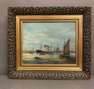 An oil on board of the Liverpool docks by Max Parsons signed lower left 24x19