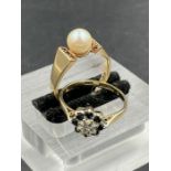 Two 9ct gold rings, one with a pearl the other daisy style with sapphires and diamonds. Size N and