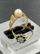 Two 9ct gold rings, one with a pearl the other daisy style with sapphires and diamonds. Size N and