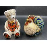 Two boxed Royal Crown Derby paperweights, Farmyard Cockerel and a Seated bear, one with gold stopper