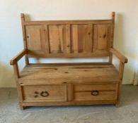 A pine settle or bench with two drawers under (H 113, 60x122)