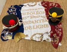 A selection of French Napoleonic style militaria to include Cavalry Shako's and a flag (replica)