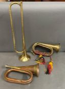 Two signal bugles and one trumpet military