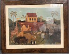 A framed folk art print of Noahs Ark by Warren Kimble 68X49