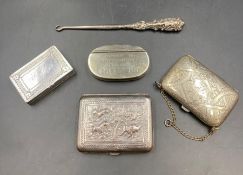A selection of white metal items, snuff boxes etc and a silver handled button hook.