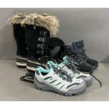 Three pairs of outdoor pursuits boots and shoes by Sorel, Berhaus and Merrell, sizes 8 and 8.5