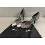 Chanel Chaus Ouvertes grey shoes, suede and silver cap toe heels with CC logo, dust covers, no