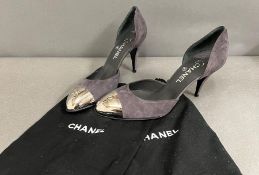 Chanel Chaus Ouvertes grey shoes, suede and silver cap toe heels with CC logo, dust covers, no