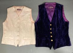 Two vintage Liberty waistcoats. One pale pink damask and one in a crushed velvet with gold button