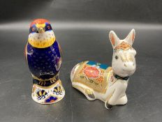 Two boxed Royal Crown Derby paperweights, Bee Eater and Donkey Foal, both with gold stoppers