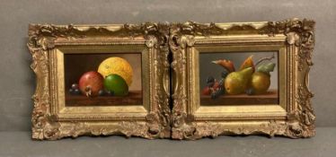 NOEL RIPLEY (BRITISH B.1944) -A pair of still life paintings of fruit in ornate frames. ( Both16.5cm