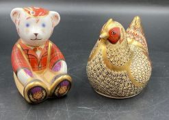 Two boxed Royal Crown Derby paperweights, Farmyard Hen and Scottish Teddy, one with gold stopper and