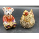 Two boxed Royal Crown Derby paperweights, Farmyard Hen and Scottish Teddy, one with gold stopper and