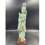 A Chinese Jade figure of a goddess on stand (Approximate Total height without stand 33.5cm)