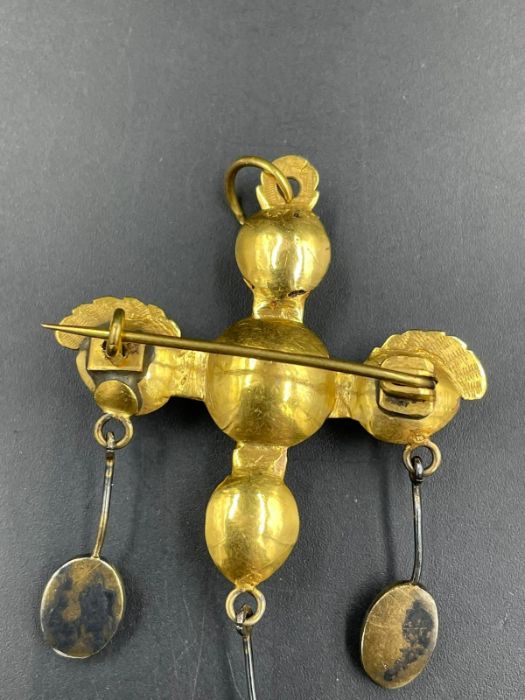 A French gold cross brooch with amber pendant - Image 3 of 4