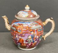 A Chinese Mandarin Famillie rose teapot with figural roundels, signed to base AF