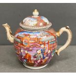 A Chinese Mandarin Famillie rose teapot with figural roundels, signed to base AF