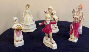 A selection of six Royal Worcester figures and one by Royal Doulton, December, Crinoline, Georgina