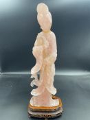 A Rose Quartz Chinese figure on stand AF (Approximate Height without stand 31cm)