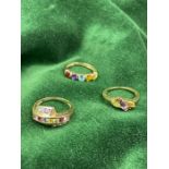 Three QVC 9ct gold fashion rings, approximate combined total weight 7.7g Size N/O and Q