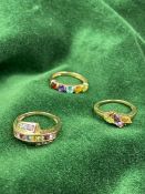 Three QVC 9ct gold fashion rings, approximate combined total weight 7.7g Size N/O and Q