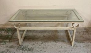 A white metal glass topped coffee table (H46cm W110cm D61cm)