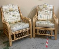 A bamboo three piece conservatory suite consisting of a two seater sofa and two arm chairs