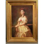 A Contemporary oil on canvas, a full length portrait of a young lady with flowers in hair in gilt