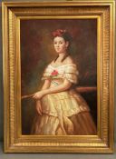 A Contemporary oil on canvas, a full length portrait of a young lady with flowers in hair in gilt