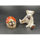 Two boxed Royal Crown Derby paperweights, Ladybird and Teddy Bear, one with silver stopper