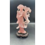 A Rose quartz Chinese figure on stand (Approximate total height without stand is 25cm)